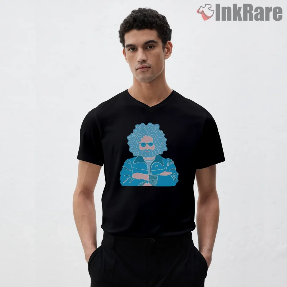Jerry Garcia Blue Jacket Cartoon Icon Shirt on black v-neck shirt for men graphic tee