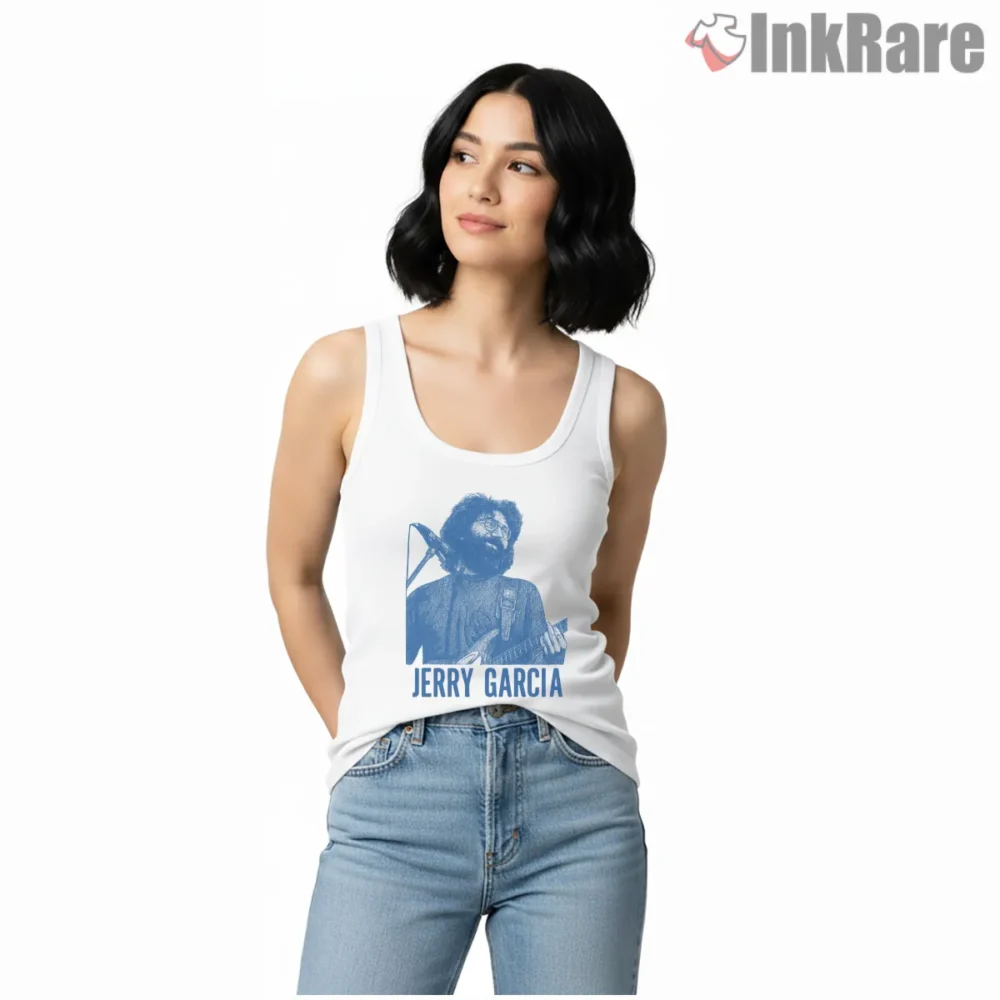 Jerry Garcia Blue Microphone Guitar Shirt on white tank top for women graphic tee
