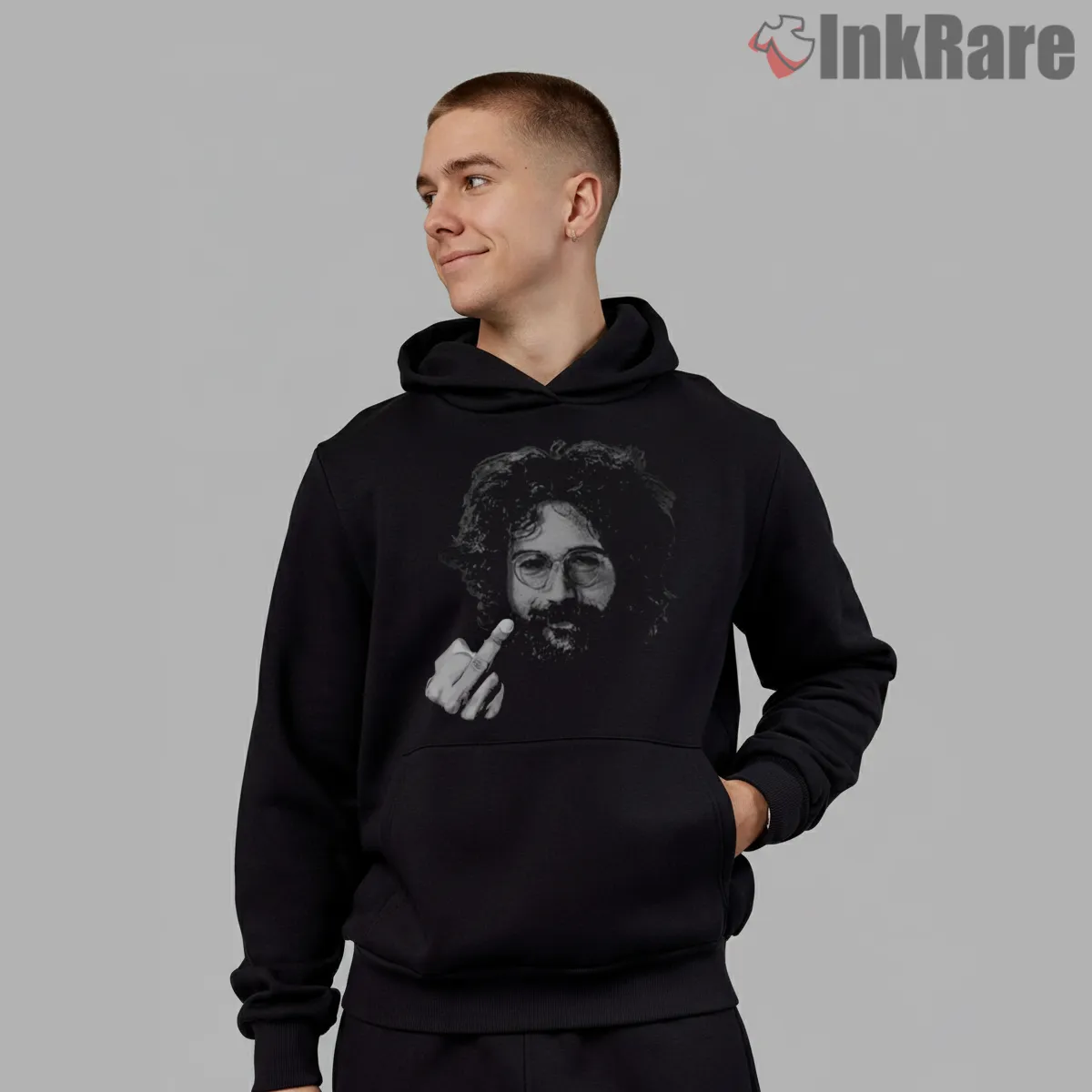 Jerry Garcia Bold Rebellious Gesture Shirt on black hoodie for men graphic tee