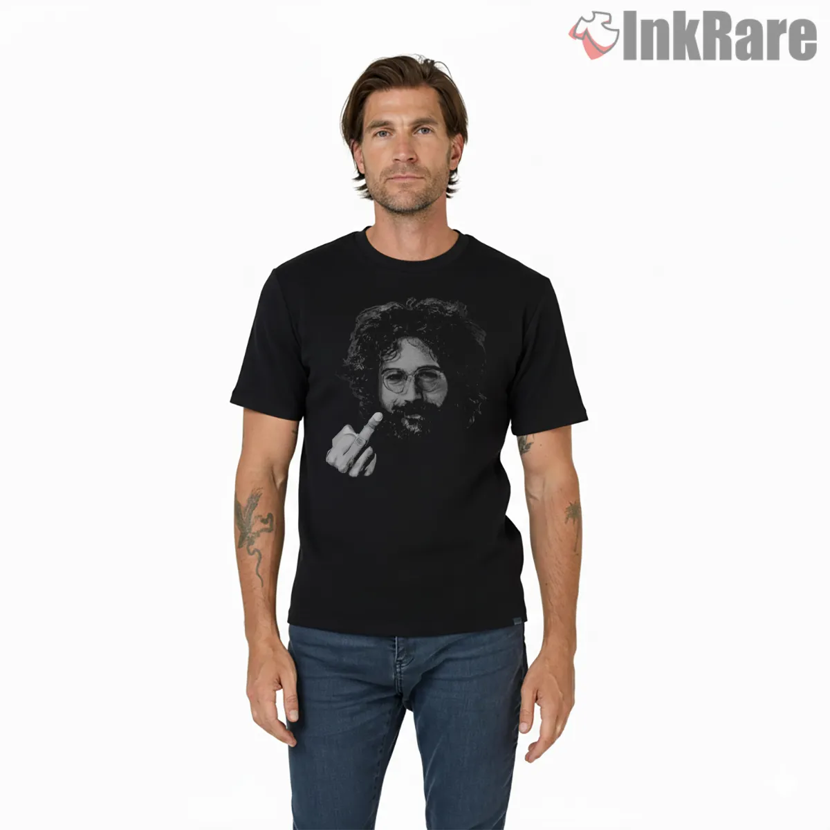 Jerry Garcia Bold Rebellious Gesture Short Sleeve Black Jerry Garcia Bold Rebellious Gesture Shirt on black short sleeve shirt for men graphic tee
