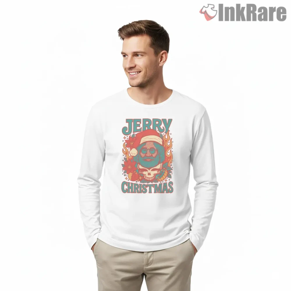 Jerry Garcia Christmas Flames Skull Shirt on white long sleeve shirt for men graphic tee