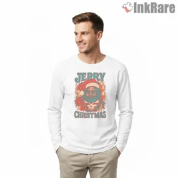 Jerry Garcia Christmas Flames Skull Shirt on white long sleeve shirt for men graphic tee