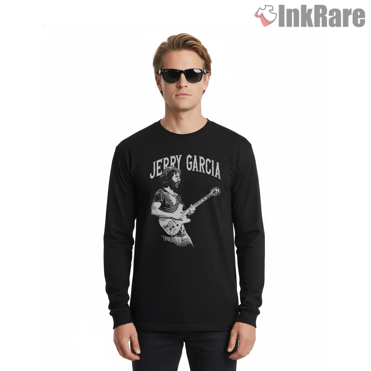 Jerry Garcia Classic White Stage Silhouette Shirt on black long sleeve shirt for men graphic tee
