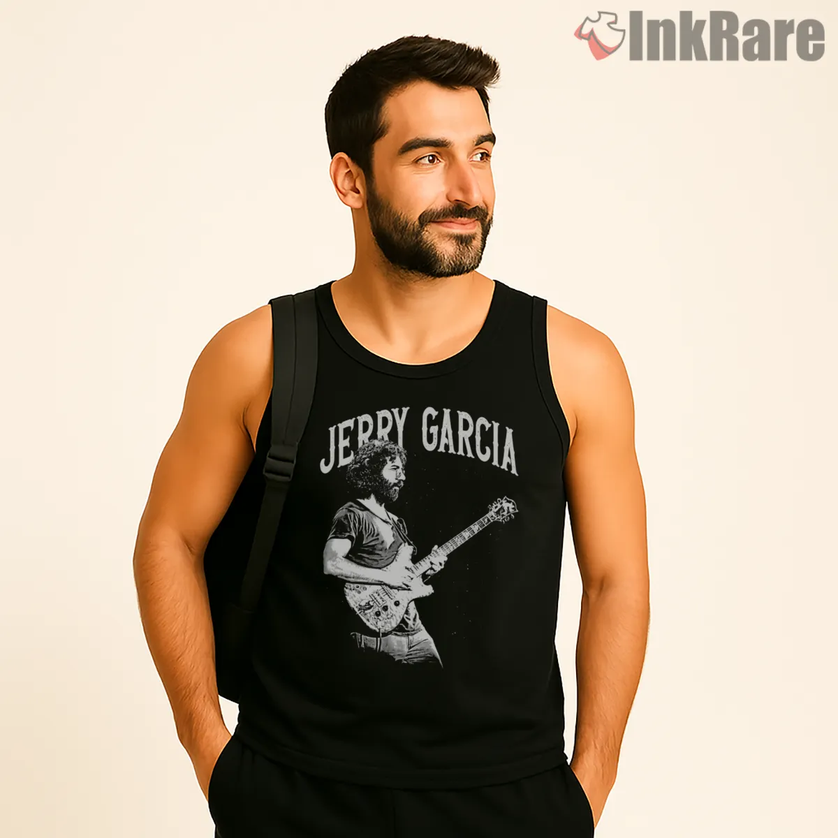 Jerry Garcia Classic White Stage Silhouette Tank Top Black Jerry Garcia Classic White Stage Silhouette Shirt on black tank top for men graphic tee