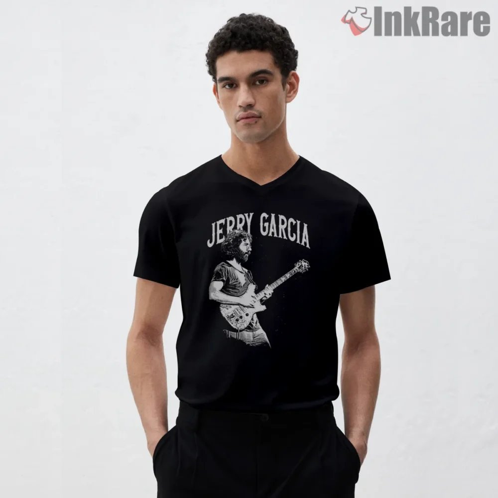Jerry Garcia Classic White Stage Silhouette Shirt on black v-neck shirt for men graphic tee