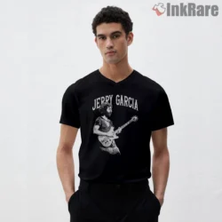 Jerry Garcia Classic White Stage Silhouette Shirt on black v-neck shirt for men graphic tee