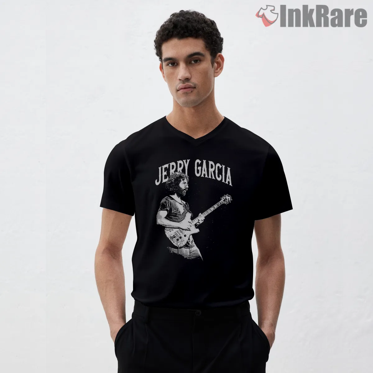 Jerry Garcia Classic White Stage Silhouette V Neck Black Jerry Garcia Classic White Stage Silhouette Shirt on black v-neck shirt for men graphic tee