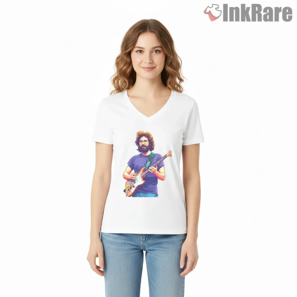 Jerry Garcia Color Block Pop Art Guitar Shirt on white v-neck shirt for women graphic tee