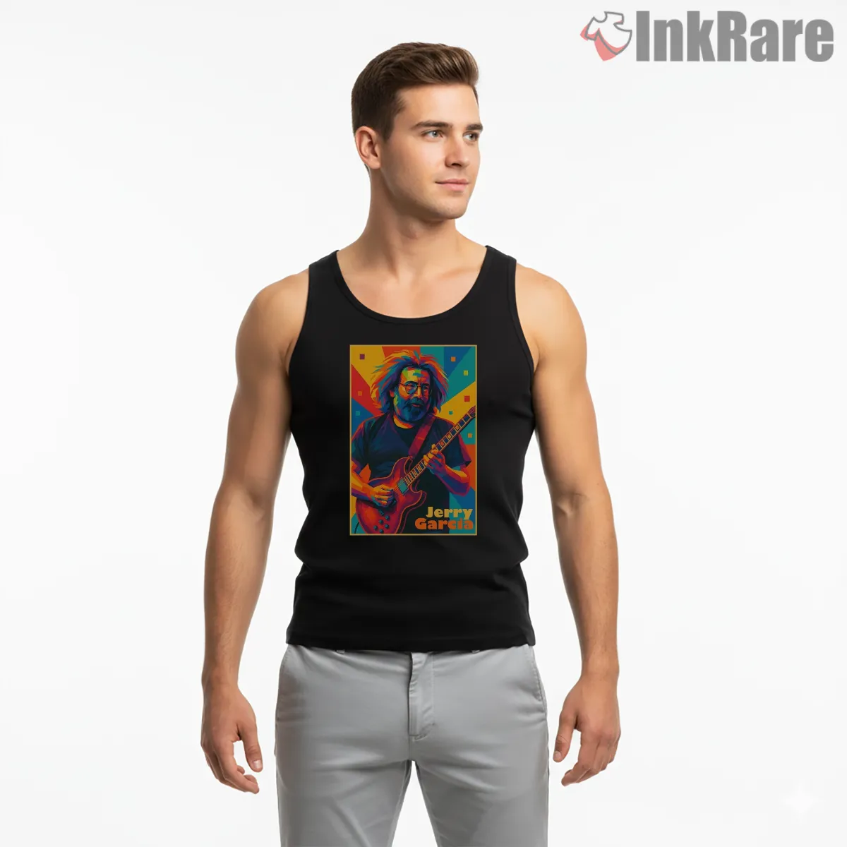 Jerry Garcia Color Burst Pop Art Stage Shirt on black tank top for men graphic tee
