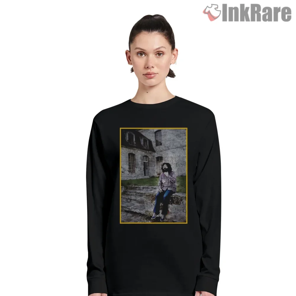 Jerry Garcia Courtyard Retro Chill Shirt on black long sleeve shirt for women graphic tee