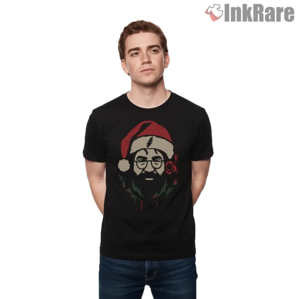 Jerry Garcia Cozy Santa Beard Icon Shirt on black short sleeve shirt for men graphic tee
