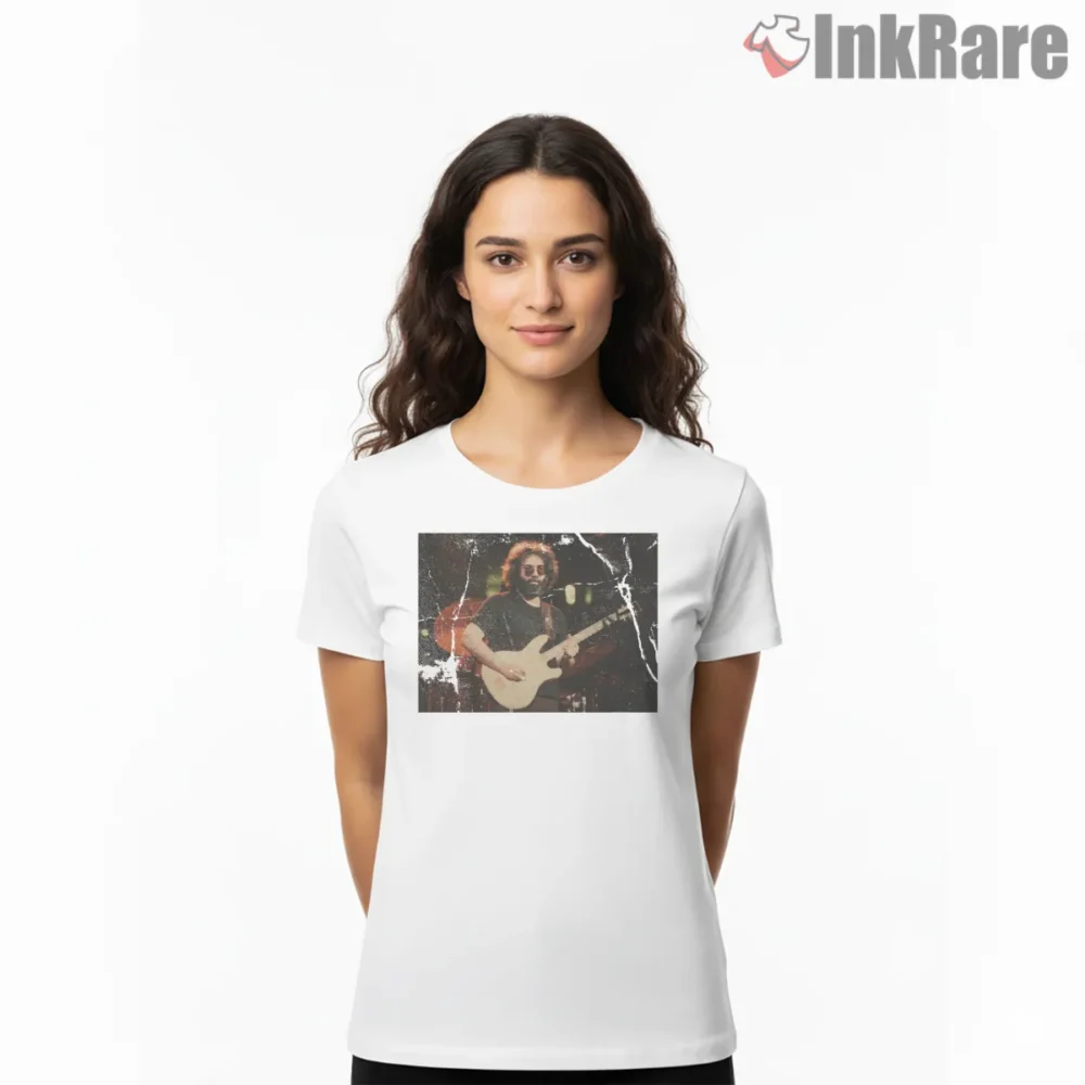 Jerry Garcia Cracked Vintage Stage Photo Shirt on white short sleeve shirt for women graphic tee