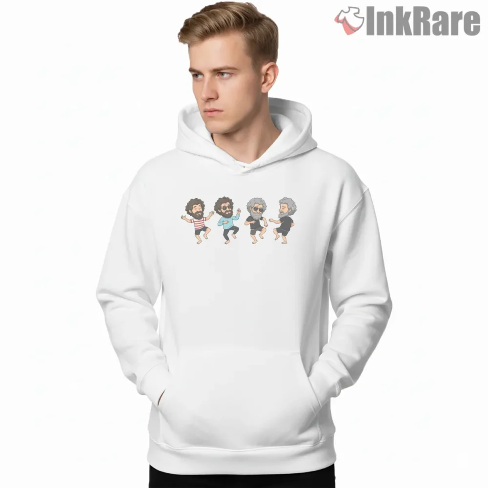 Jerry Garcia Dancing Cartoon Crew Shirt on white hoodie for men graphic tee