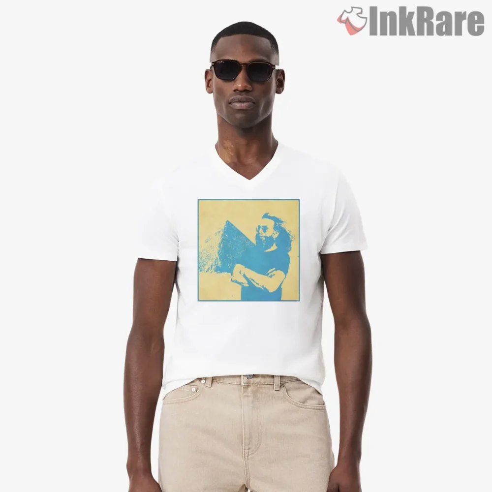 Jerry Garcia Desert Pyramid Silhouette Shirt on white v-neck shirt for men graphic tee