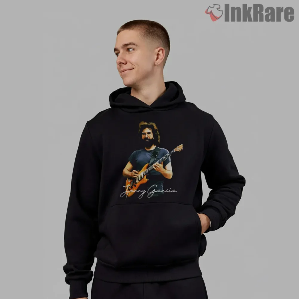Jerry Garcia Electric Orange Guitar Photo Shirt on black hoodie for men graphic tee