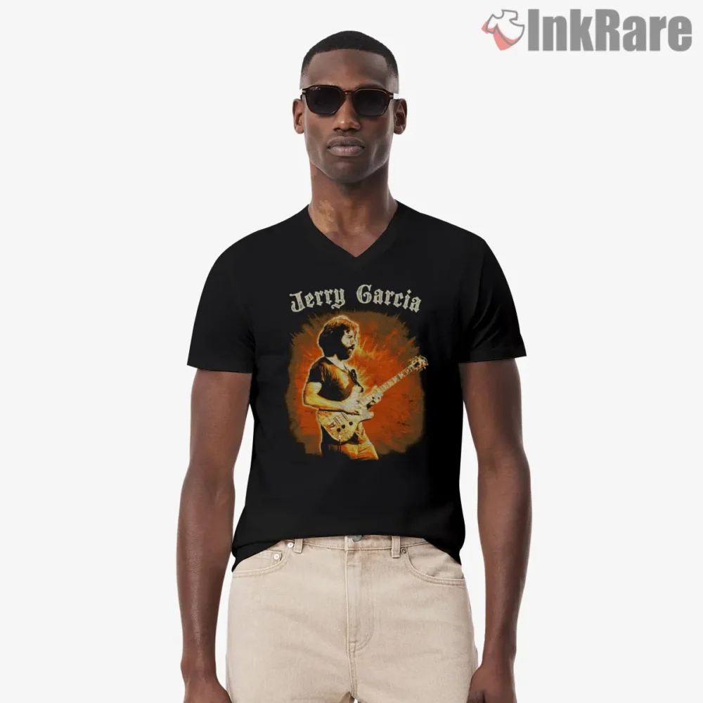 Jerry Garcia Fiery Vintage Stage Performance Shirt on black v-neck shirt for men graphic tee