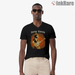 Jerry Garcia Fiery Vintage Stage Performance Shirt on black v-neck shirt for men graphic tee