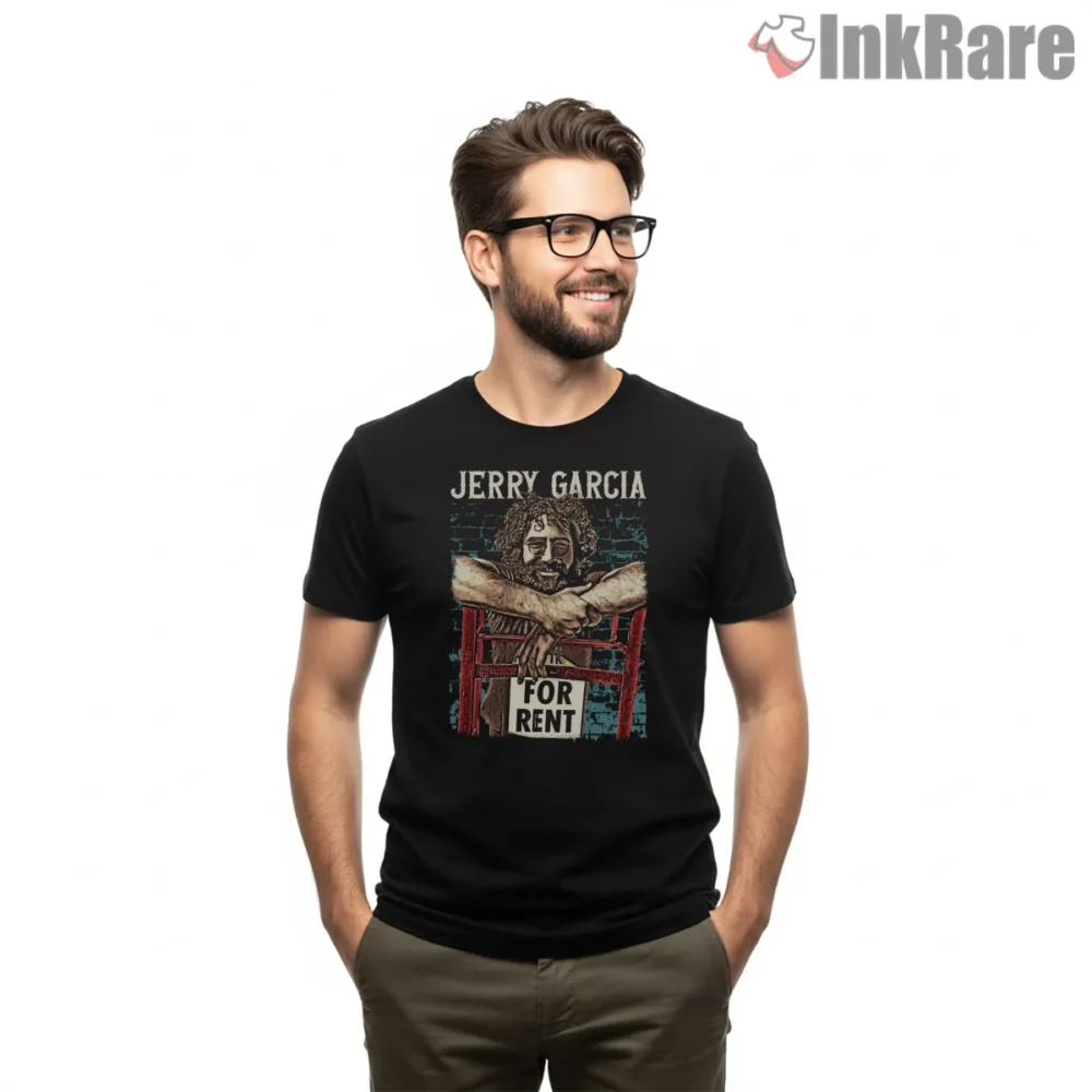 Jerry Garcia For Rent Vintage Poster Shirt on black short sleeve shirt for men graphic tee