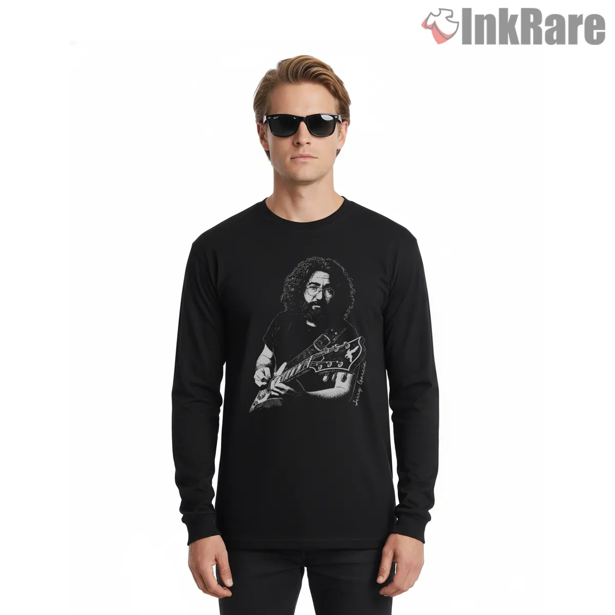 Jerry Garcia Intense Monochrome Guitar Shirt on black long sleeve shirt for men graphic tee