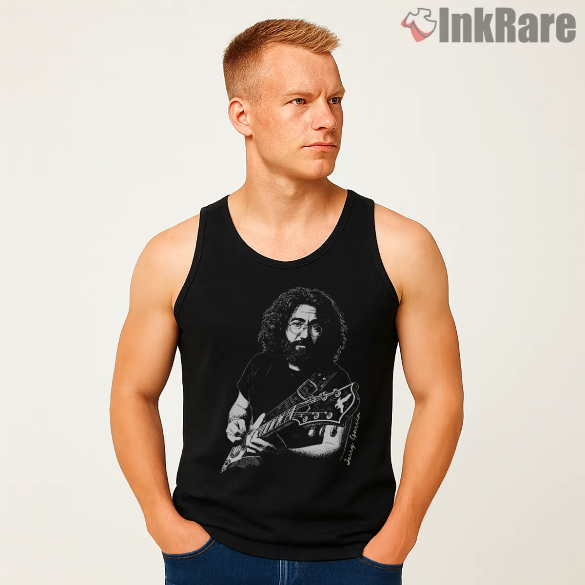 Jerry Garcia Intense Monochrome Guitar Tank Top Black Jerry Garcia Intense Monochrome Guitar Shirt on black tank top for men graphic tee