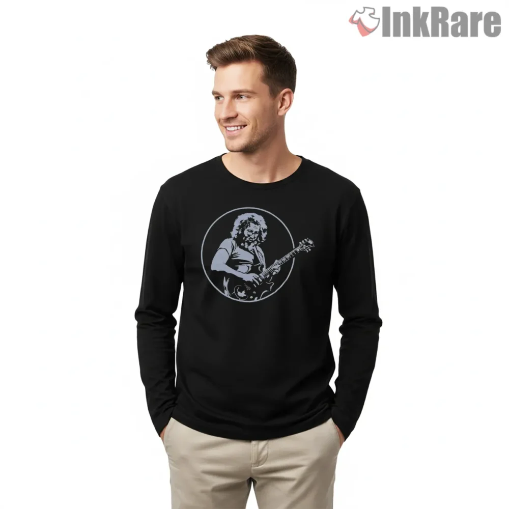 Jerry Garcia Light Blue Solo Circle Shirt on black long sleeve shirt for men graphic tee