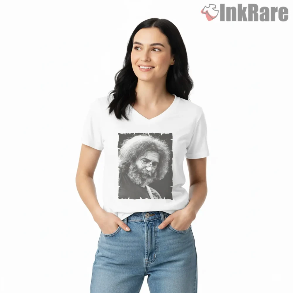 Jerry Garcia Moody Retro Stage Portrait Shirt on white v-neck shirt for women graphic tee