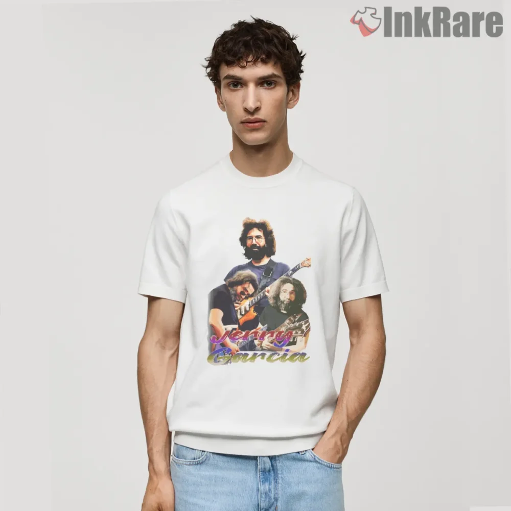 Jerry Garcia Multi Era Guitar Collage Shirt on white short sleeve shirt for men graphic tee