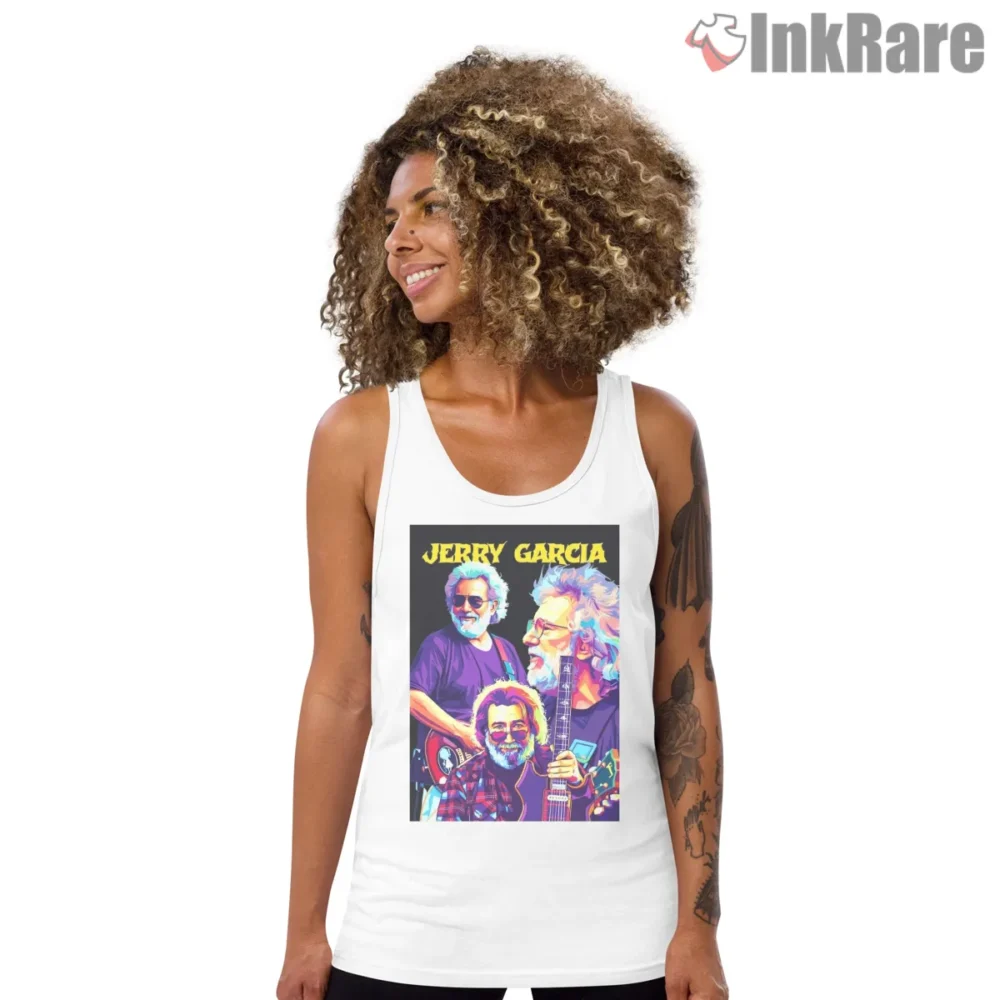 Jerry Garcia Neon Pop Art Portraits Shirt on white tank top for women graphic tee