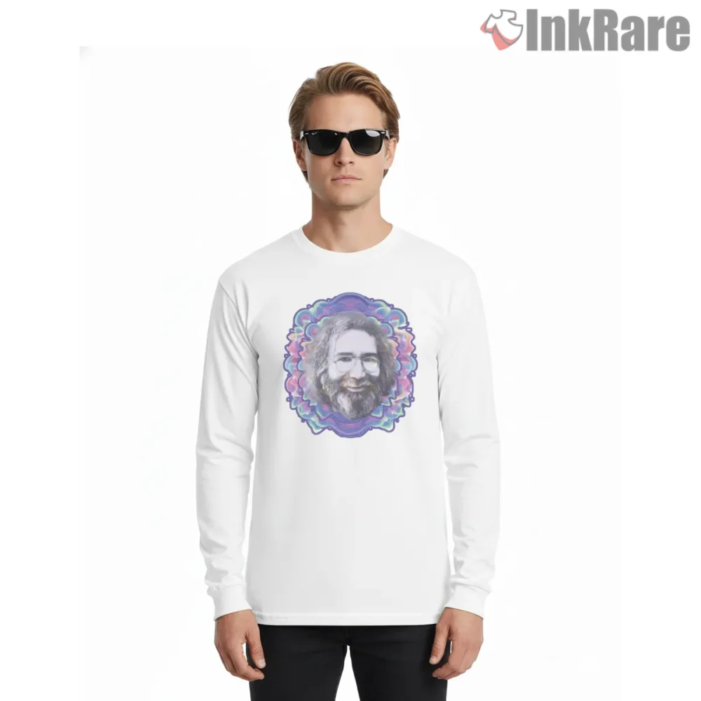 Jerry Garcia Psychedelic Aura Portrait Shirt on white long sleeve shirt for men graphic tee