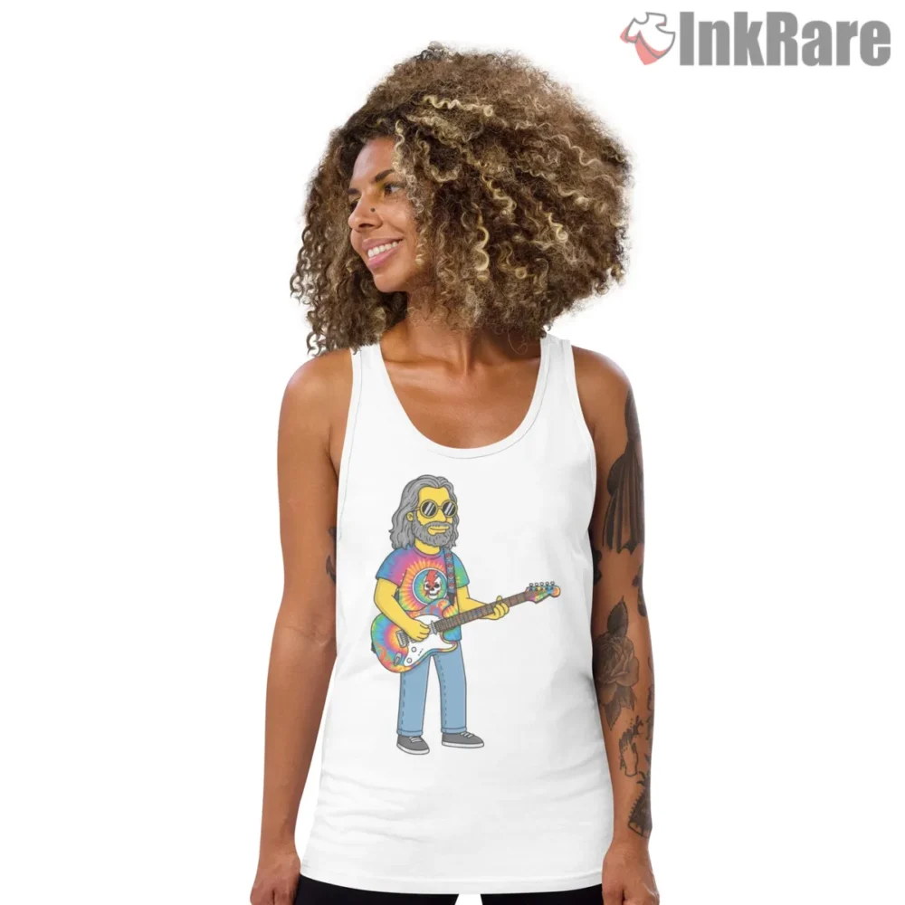 Jerry Garcia Psychedelic Cartoon Stage Shirt on white tank top for women graphic tee