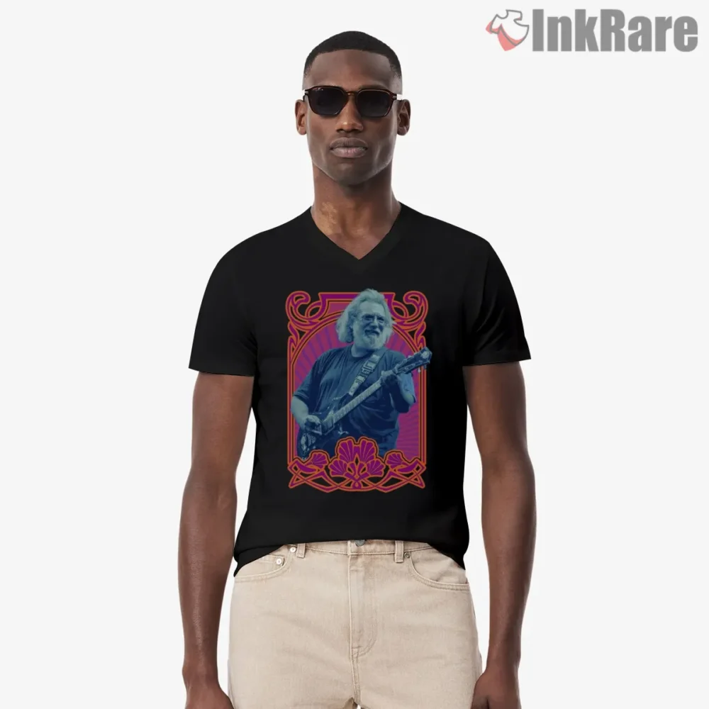 Jerry Garcia Psychedelic Jam Frame Shirt on black v-neck shirt for men graphic tee