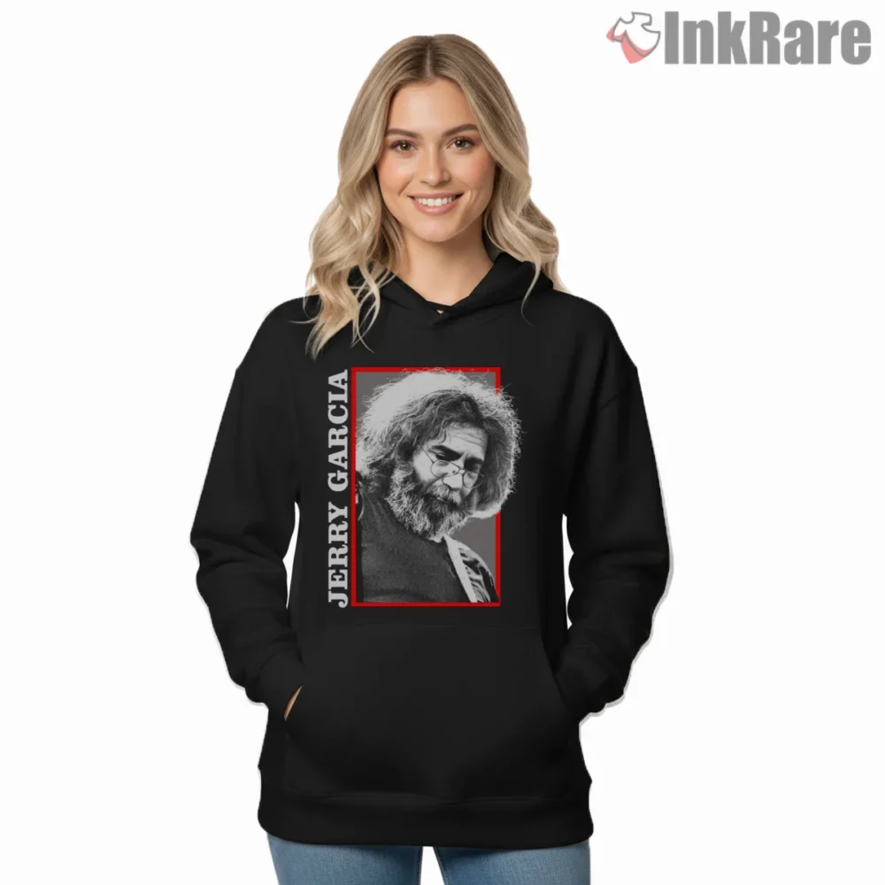 Jerry Garcia Red Border Vintage Rock Poster Shirt on black hoodie for women graphic tee