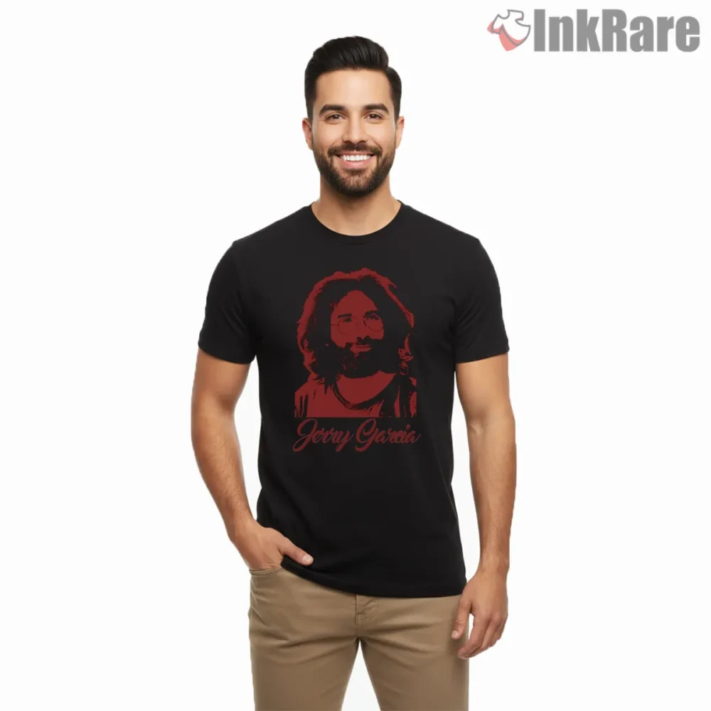 Jerry Garcia Red Eighties Portrait Shirt on black short sleeve shirt for men graphic tee