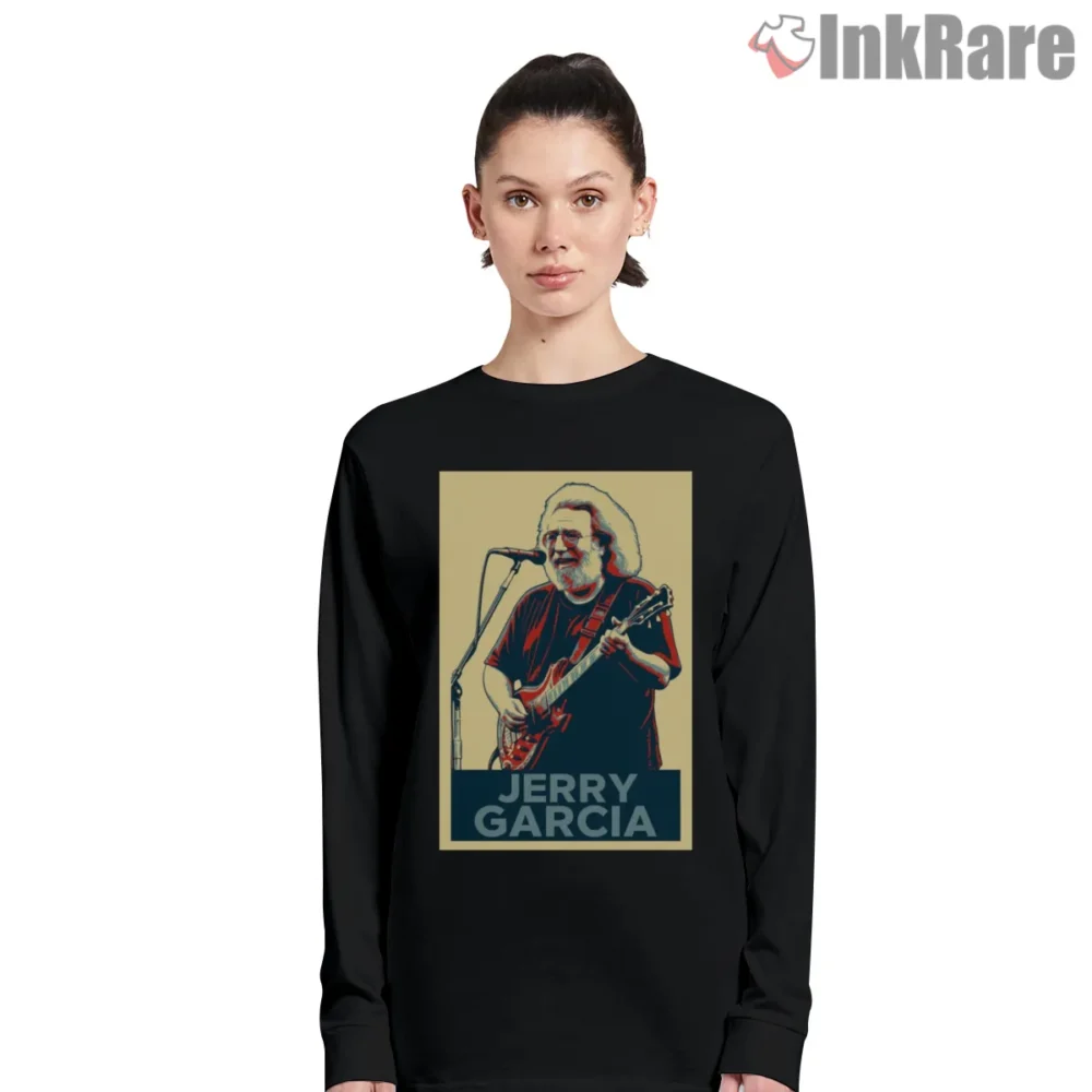 Jerry Garcia Retro Microphone Poster Shirt on black long sleeve shirt for women graphic tee