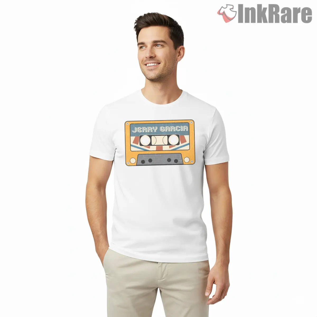 Jerry Garcia Retro Mixtape Cassette Shirt on white short sleeve shirt for men graphic tee