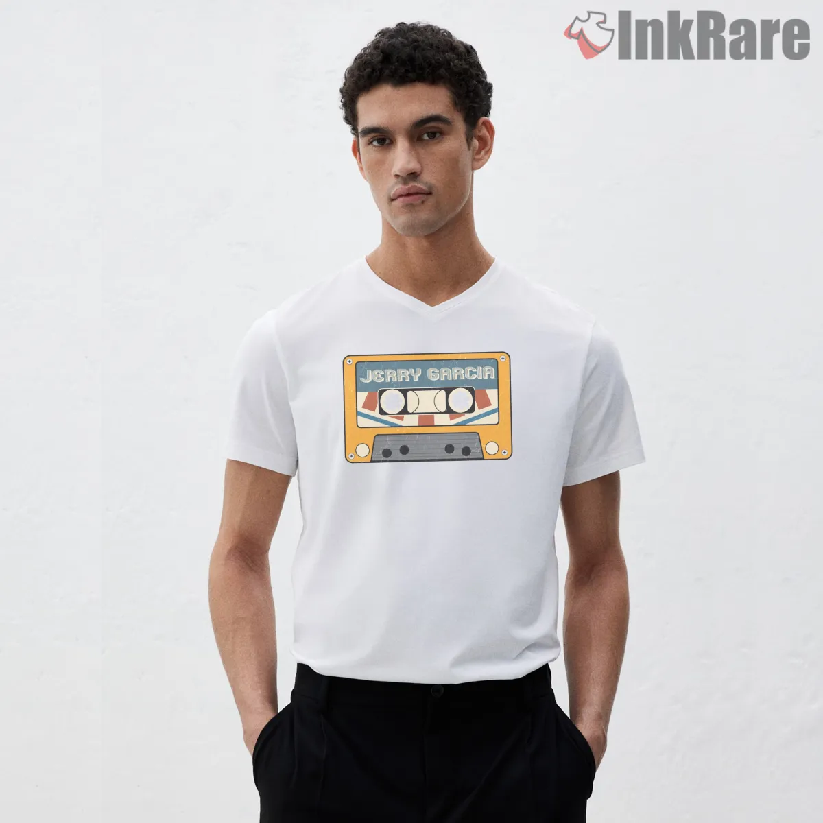 Jerry Garcia Retro Mixtape Cassette V Neck White Jerry Garcia Retro Mixtape Cassette Shirt on white v-neck shirt for men graphic tee