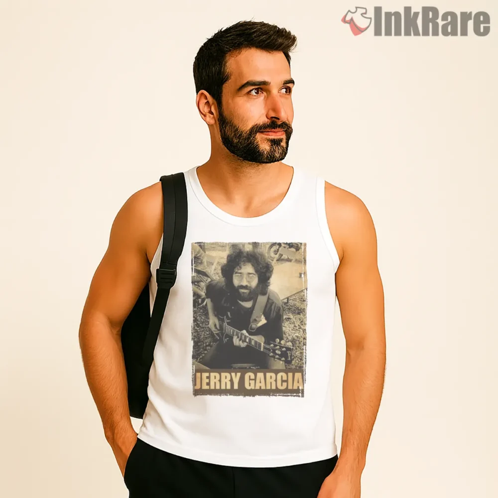 Jerry Garcia Sepia Sitting Guitar Session Shirt on white tank top for men graphic tee