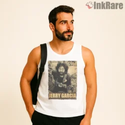 Jerry Garcia Sepia Sitting Guitar Session Shirt on white tank top for men graphic tee
