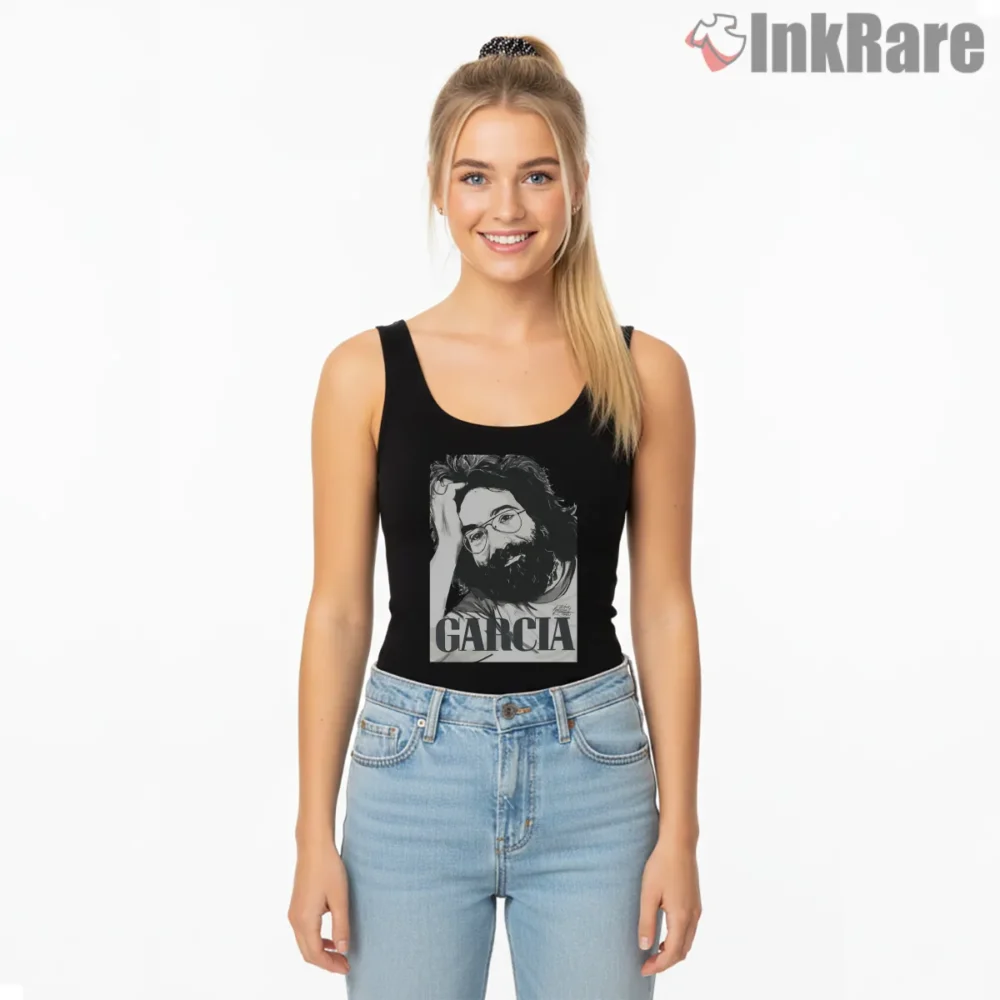 Jerry Garcia Sketchbook Vector Portrait Shirt on black tank top for women graphic tee