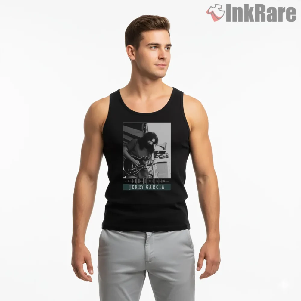Jerry Garcia Studio Black And White Session Shirt on black tank top for men graphic tee