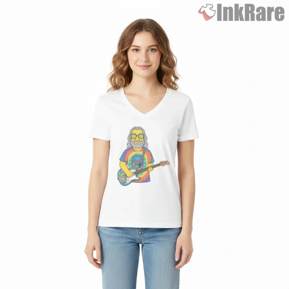 Jerry Garcia Tie Dye Cartoon Guitarist Shirt on white v-neck shirt for women graphic tee