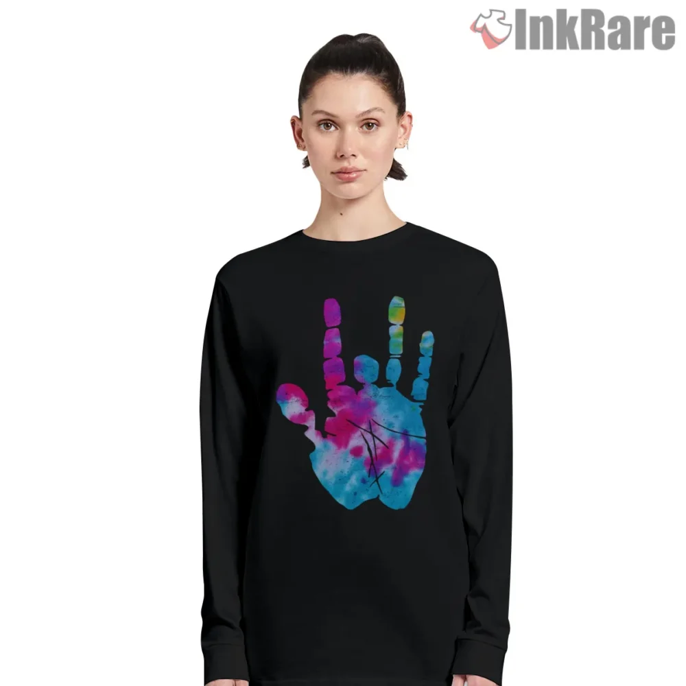 Jerry Garcia Tie Dye Handprint Jam Shirt on black long sleeve shirt for women graphic tee