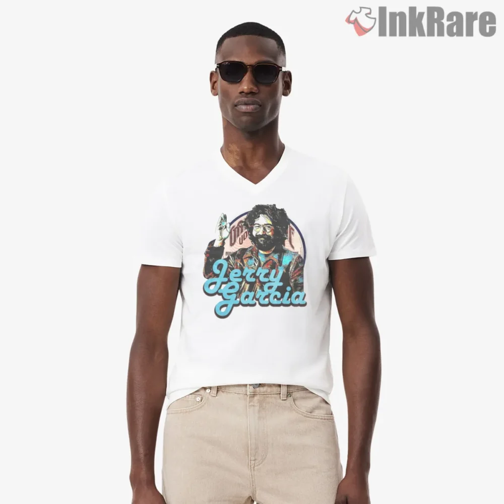 Jerry Garcia Turquoise Script Vintage Photo Shirt on white v-neck shirt for men graphic tee