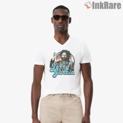 Jerry Garcia Turquoise Script Vintage Photo Shirt on white v-neck shirt for men graphic tee