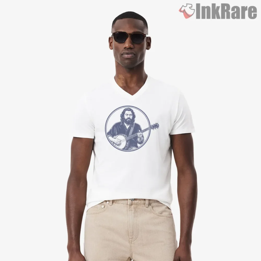 Jerry Garcia Vintage Banjo Illustration Shirt on white v-neck shirt for men graphic tee