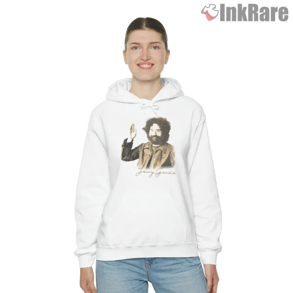 Jerry Garcia Vintage Brown Portrait Shirt on white hoodie for women graphic tee