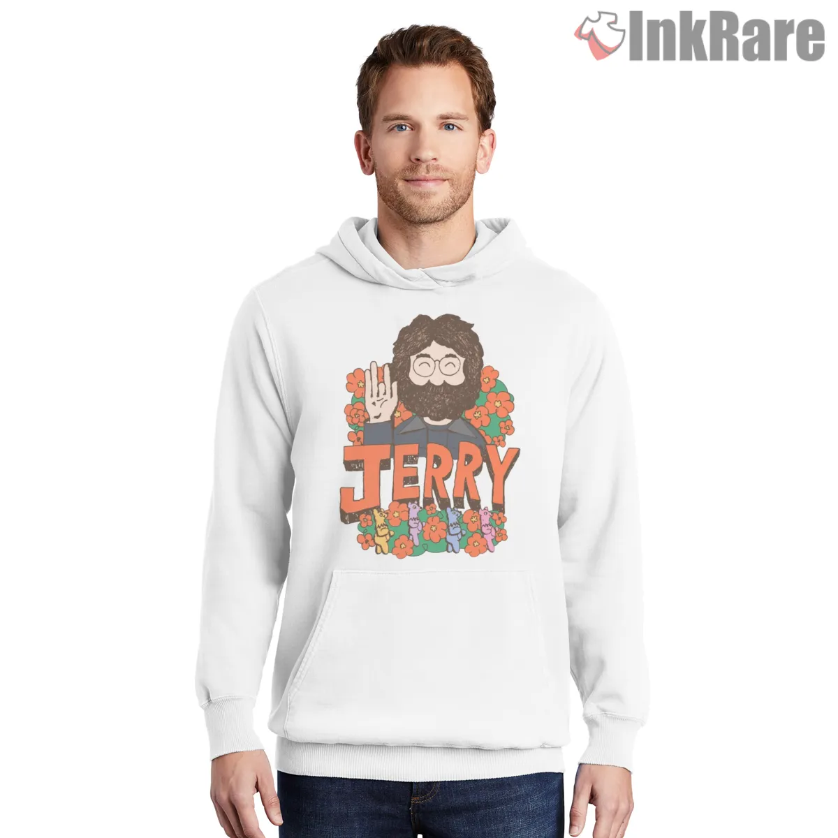 Jerry Garcia Waving Bears Flower Power Shirt on white hoodie for men graphic tee