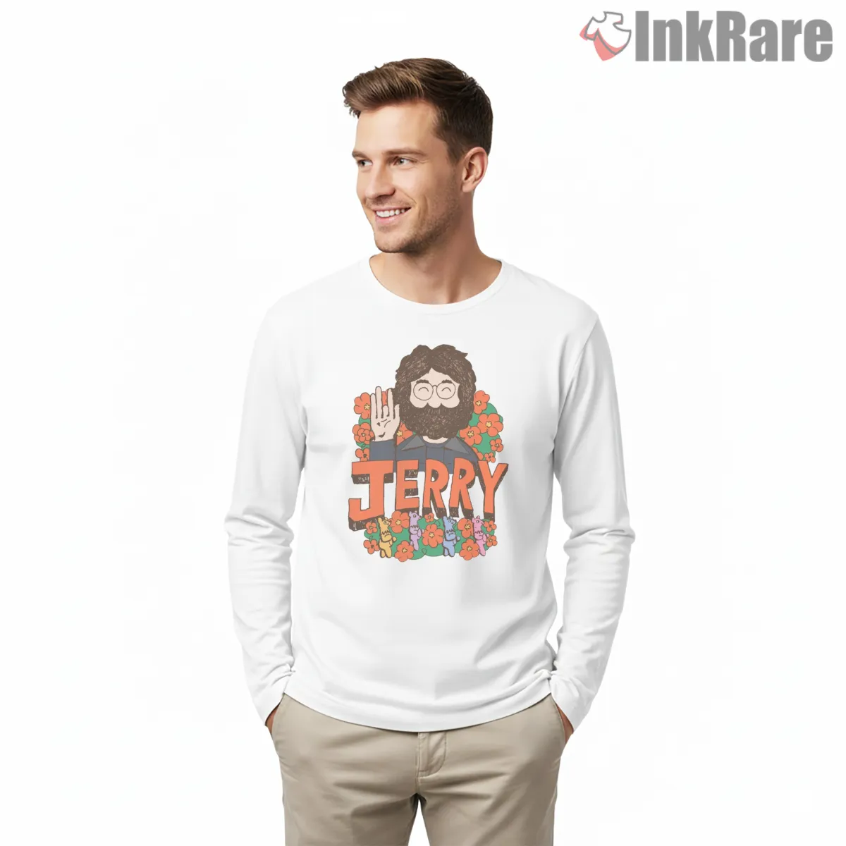Jerry Garcia Waving Bears Flower Power Long Sleeve White Jerry Garcia Waving Bears Flower Power Shirt on white long sleeve shirt for men graphic tee