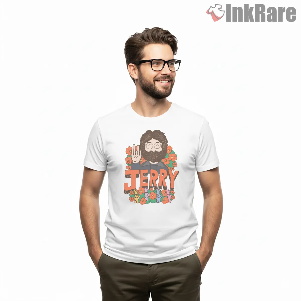 Jerry Garcia Waving Bears Flower Power Short Sleeve White Jerry Garcia Waving Bears Flower Power Shirt on white short sleeve shirt for men graphic tee