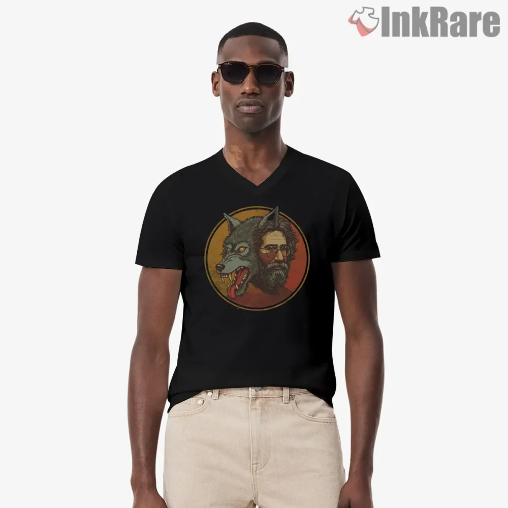 Jerry Garcia Wild Wolf Spirit Shirt on black v-neck shirt for men graphic tee